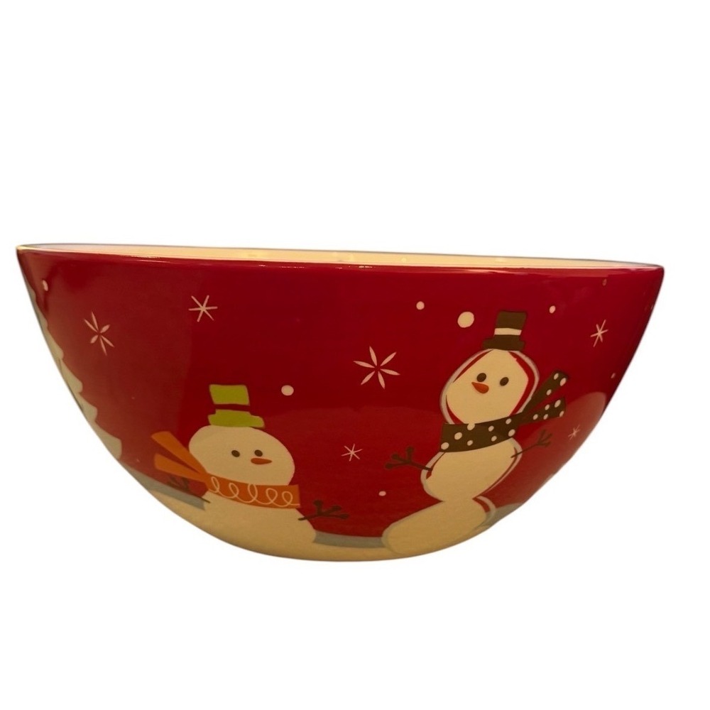 Target Holiday Ch 08 Be Merry Snowman Serving Bowl Red Ceramic Christmas 2008